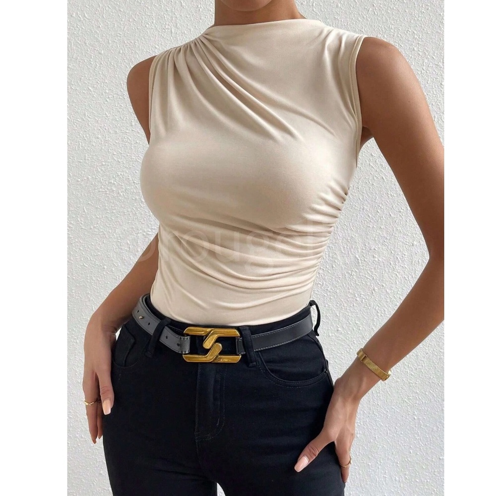 Ruched Beige Asymmetrical Sleeveless Shirt Top Stretchy - Picture 5 of 9